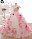 Promfast Lace Pink 3D Flowers, Ball Gown, Organza Beaded O Neck wedding dress HZ0527