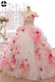 Promfast Lace Pink 3D Flowers, Ball Gown, Organza Beaded O Neck wedding dress HZ0527