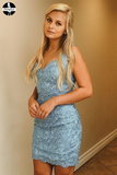 Promfast 2025 Lace Up V-Neck Sheath Homecoming Dress for sale HZ0527