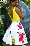 Promfast A Line Yellow V Neck Floral Print Homecoming Dresses, Short Prom Dress HZ0527
