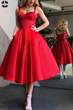 Promfast A-Line Red Spaghetti Straps Tea-Length Satin Prom Homecoming Dresses with Pocket HZ0527