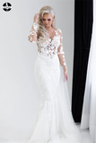 Promfast Long Sleeve Elegant Lace Mermaid Tulle Wedding Dresses for Sale HZ0527