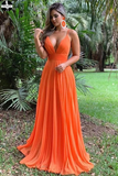 Promfast A Line Spaghetti Straps Orange Prom Dress, Chiffon Sexy Deep V Neck Prom Dresses HZ0527