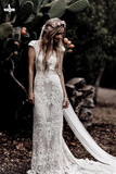 Promfast Vintage Lace V Neck Rustic Wedding Dresses Cap Sleeve Ivory Sheath Beach Wedding Gown HZ0527