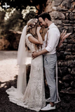 Promfast Vintage Lace V Neck Rustic Wedding Dresses Cap Sleeve Ivory Sheath Beach Wedding Gown HZ0527