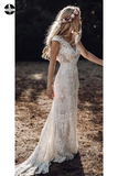 Promfast Vintage Lace V Neck Rustic Wedding Dresses Cap Sleeve Ivory Sheath Beach Wedding Gown HZ0527