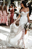 Promfast Elegant Sweetheart Lace Strapless Mermaid Ivory Wedding Dresses, Long Bridal Dresses HZ0527