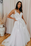 Promfast A-line V Neck Soft Tulle Lace Appliques Romantic Wedding Dress HZ0527