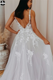 Promfast A-line V Neck Soft Tulle Lace Appliques Romantic Wedding Dress HZ0527