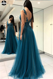Promfast A-line Prom Dresses Deep V Blue Tulle Modest Long Prom Dress HZ0527