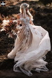 Promfast Romantic Appliques Floral Backless Lace Wedding Dress Sexy Tulle Boho Bridal Gown HZ0527