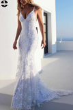 Promfast Sexy Backless Off White Mermaid Lace V Neck Wedding Dresses, Long Prom Dresses HZ0527