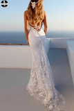 Promfast Sexy Backless Off White Mermaid Lace V Neck Wedding Dresses, Long Prom Dresses HZ0527