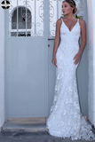 Promfast Sexy Backless Off White Mermaid Lace V Neck Wedding Dresses, Long Prom Dresses HZ0527