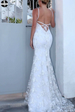 Promfast Sexy Backless Off White Mermaid Lace V Neck Wedding Dresses, Long Prom Dresses HZ0527