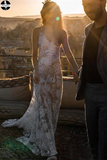 Promfast Rose Lace Sheath Wedding Dresses Spaghetti Strap Boho Beach Wedding Dress HZ0527
