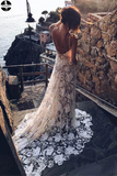 Promfast Rose Lace Sheath Wedding Dresses Spaghetti Strap Boho Beach Wedding Dress HZ0527