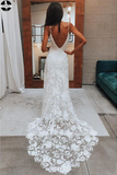 Promfast Rose Lace Sheath Wedding Dresses Spaghetti Strap Boho Beach Wedding Dress HZ0527