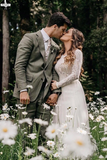 Promfast Scoop Long Sleeve Lace Wedding Dresses Vintage Romantic Wedding Gowns Bridal Gown HZ0527