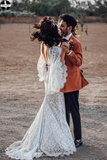 Promfast Backless Batwing Sleeve Boho Wedding Dresses Mermaid Rustic Wedding Dress HZ0527