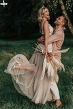 Promfast Attractive V neck Appliques A Line Rustic Backless Wedding Dress HZ0527