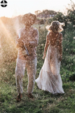Promfast Attractive V neck Appliques A Line Rustic Backless Wedding Dress HZ0527