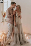 Promfast Attractive V neck Appliques A Line Rustic Backless Wedding Dress HZ0527