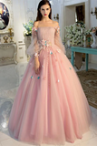 Promfast Long Sleeve Prom Dresses Pearl Pink Ball Gown Long Floral Fairy Prom Dress HZ0527
