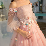 Promfast Long Sleeve Prom Dresses Pearl Pink Ball Gown Long Floral Fairy Prom Dress HZ0527