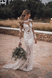 Promfast Stunning Lace Appliques See Though Mermaid/Turmpet Wedding Dress Backless Rustic Wedding with Sleeves Gowns HZ0527