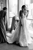 Promfast Vintage Lace Wedding Gowns See Through Illusion Neck Wedding Dresses HZ0527