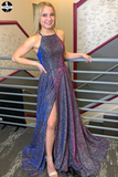 Promfast Glitter Front Split Long Zipper Back Pretty Prom Dresses Cute Dress HZ0527
