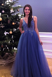 Promfast Flowy V neck Simple Lace Tulle Beading Long Blue A line Party Prom Dresses HZ0527