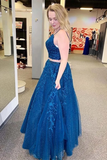 Promfast Mykonos Blue Sparkly Two Pieces Appliqued Spaghetti Straps Prom Dress HZ0527