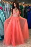 Promfast A Line V Neck Backless Coral Lace Long Prom Dresses, Formal Dresses HZ0527