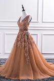 Promfast Champagne V Neck Lace Long Prom Dresses, Lace Formal Dresses, Evening Dress HZ0527