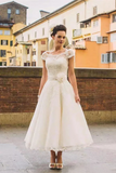 Promfast Chic Tea Length Wedding Dresses A line Scoop Lace Romantic Wedding Dress HZ0527