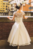 Promfast Chic Tea Length Wedding Dresses A line Scoop Lace Romantic Wedding Dress HZ0527