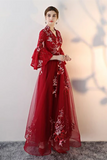 Promfast A line V neck Chic Tulle Burgundy Applique Long Prom Dress Evening Dress HZ0527