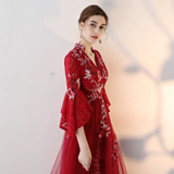 Promfast A line V neck Chic Tulle Burgundy Applique Long Prom Dress Evening Dress HZ0527