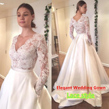 Elegant A-Line V-Neck Long Sleeves Off White Floor Length Prom/Wedding Dress With Lace Top HZ0527