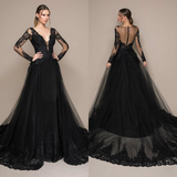 Promfast Black Evening Dresses, Deep V Neck Lace Appliqued Sweep Train Long Sleeve Prom Dress HZ0527