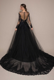 Promfast Black Evening Dresses, Deep V Neck Lace Appliqued Sweep Train Long Sleeve Prom Dress HZ0527