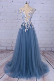 Promfast Chic A line Bateau Blue Applique Modest Long Prom Dress Evening Dress HZ0527