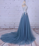 Promfast Chic A line Bateau Blue Applique Modest Long Prom Dress Evening Dress HZ0527