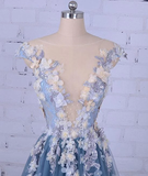 Promfast Chic A line Bateau Blue Applique Modest Long Prom Dress Evening Dress HZ0527