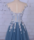 Promfast Chic A line Bateau Blue Applique Modest Long Prom Dress Evening Dress HZ0527