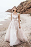 Promfast A Line Vintage Tulle Lace Illustion Neckline Corset Back Wedding Dresses HZ0527