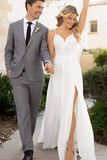 Promfast Front Split Spaghetti Straps Lace Chiffon Long Flowy Beach Wedding Dresses HZ0527