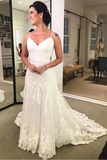 Promfast Spaghetti Strap Printed Backless Lace Beach Wedding Dresses with Sash HZ0527